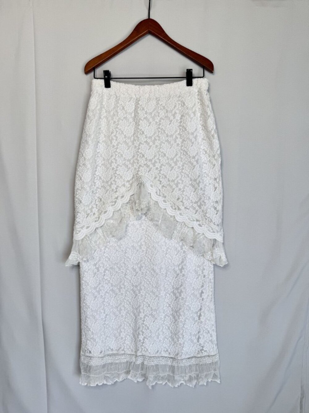 90s Vintage Design Today's White Stretch Lace Tunic Maxi Skirt Cord Set Large - Picture 12 of 16